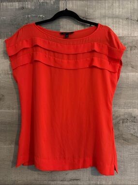 Bright orange/coral Layered Ruffle Neck Blouse by Banana Republic.